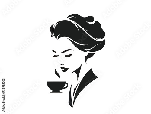 A woman with an elegant hairstyle sips coffee from a cup, with steam rising. She wears a stylish outfit, conveying a sense of calm and sophistication.