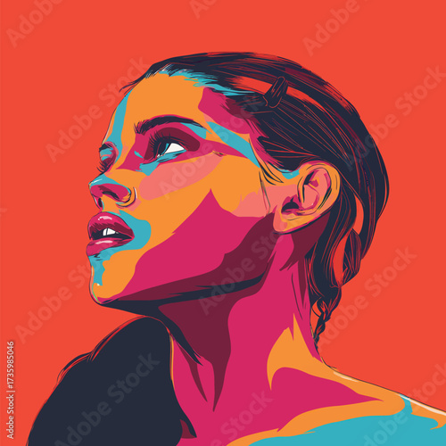 A young woman gazes upward with a thoughtful expression. The artwork blends bright colors to create a dynamic portrayal that emphasizes her features and mood.