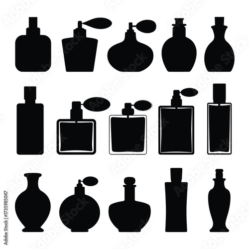 Set of 15 elegant black silhouette perfume bottles vector illustration scalable eps icon collection silhouette vector illustration white background