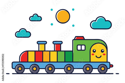 Colorful Cartoon Train with Happy Face Under a Sunny Sky and Clouds