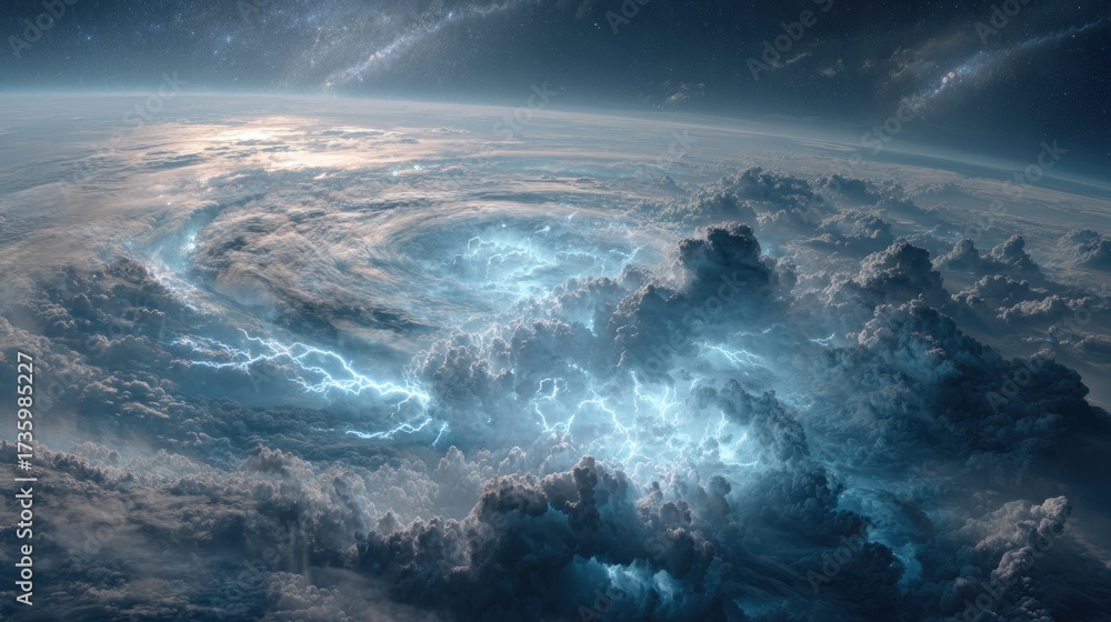Naklejka premium View from outer space as if standing beyond Earth, looking at a massive storm swirling across the planet, giant cloud formations with glowing lightning bolts.