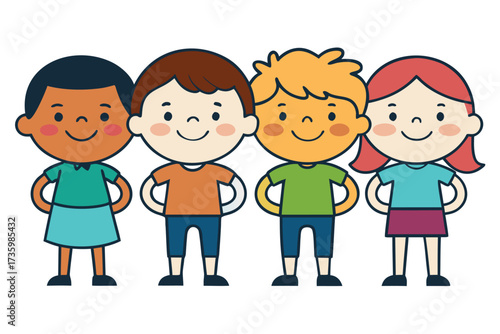 Diverse Group of Children Standing Together Smiling Cartoon Style Illustration of Unity and Friendship