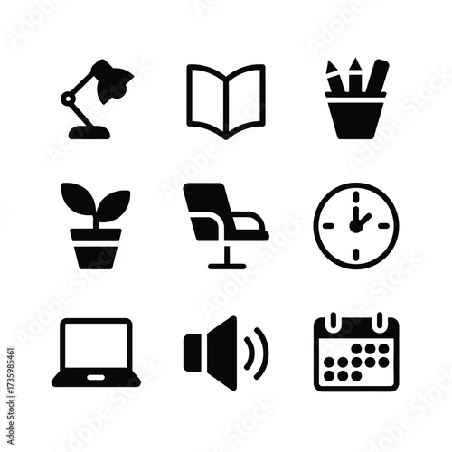 Set of 9 minimalist black and white vector icons featuring office and desk essentials scalable illustration eps format silhouette vector illustration white background