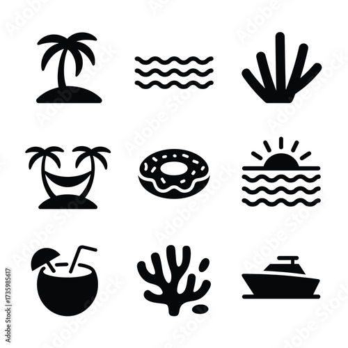Set of 9 black and white minimalist beach and ocean themed vector icons for eps download silhouette vector illustration white background