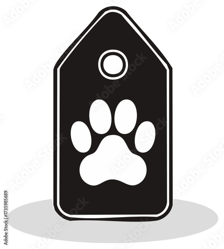 Modern pet identification tag icon with a paw print and hanging loop symbol