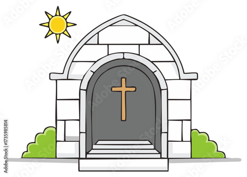 Simple Stone Church Structure with a Cross under a Shining Sun Illustration