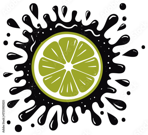 Vibrant lime slice splashing into dark liquid with droplets and bubbles