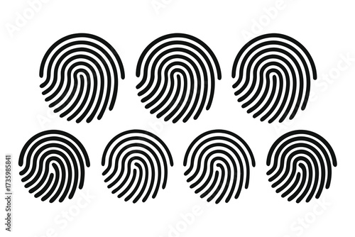 Eight Black Fingerprint Icons on White Background Representing Security and Identification Technology