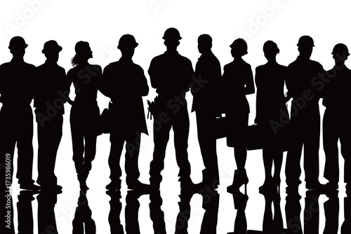 Workers in safety gear form a silhouette against a bright background. They are gathered, possibly discussing work details or projects, showing teamwork.