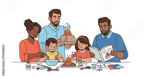 Family Engaged in a Volcano Science Project at Home Learning Together.