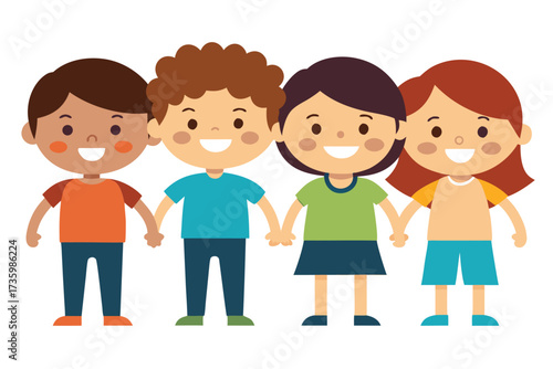 Four Diverse Cartoon Children Holding Hands Smiling Illustration for Education and Unity Projects