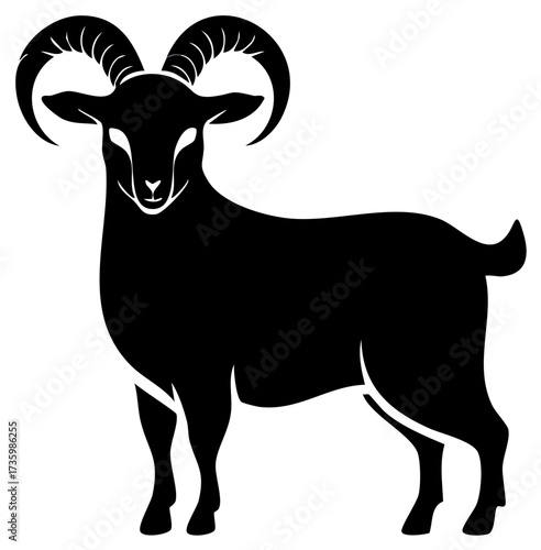 Bold black ram vector graphic with majestic curved horns standing strong
