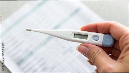 Person Holding Digital Thermometer with Medical Expenses Document