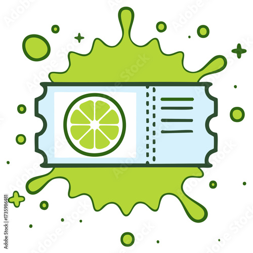 Vibrant green lime slice ticket illustration with energetic splash for refreshing summer event concepts