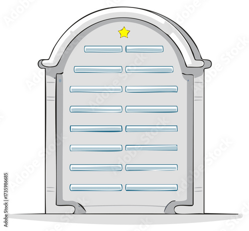 Cartoon stone monument with star and horizontal shelves for names or inscriptions
