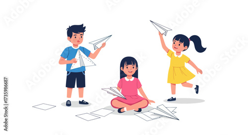 Children Playing with Paper Airplanes Folding Origami and Having Fun.