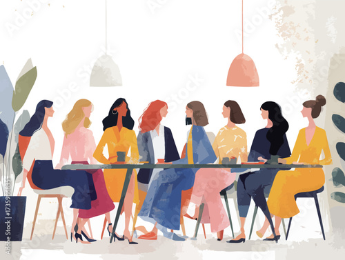 A diverse group of women engages in lively discussion around a large table in a bright café. Colorful outfits add energy to the scene while plants enhance the atmosphere.