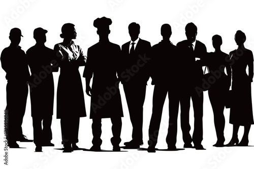 A diverse group of professionals stands together in silhouette, showcasing various occupations and attire. This scene highlights unity in different careers.