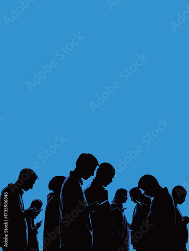 Groups of individuals stand in silhouette, focused on their smartphones, creating a striking contrast against a vibrant blue background.