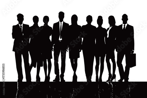 A group of ten business individuals stands in silhouette, all dressed in formal attire. They are united and confident, showcasing teamwork and professionalism.