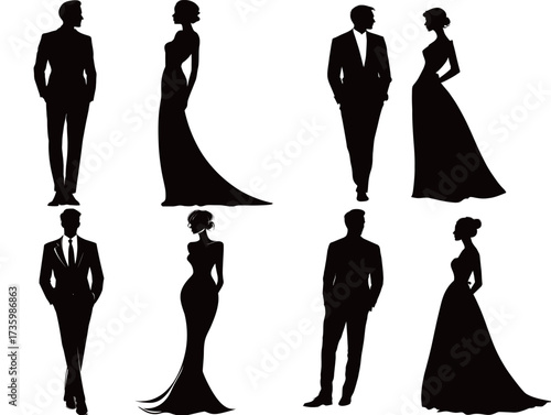 Several graceful silhouettes of men and women in formal attire appear against a simple background, highlighting elegance at a gala or formal gathering.