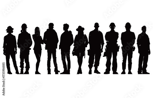Group of diverse silhouettes representing different occupations standing in a line. Each figure displays distinct attire and tools, highlighting various professions.