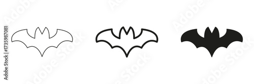 Bat Silhouette In Line, Outline, And Glyph Icon Set. Nocturnal Creature And Halloween Symbol Collection. Perfect For Spooky Themes And Graphic Design Projects. Isolated Vector Illustration