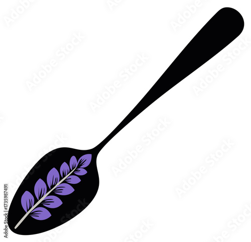 Black Spoon with Purple Lavender Branch Illustration Decorative Kitchenware Vector