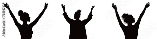 Three different silhouettes of women raise their arms in celebration, depicted in a fluid and expressive manner. The images convey joy and freedom.