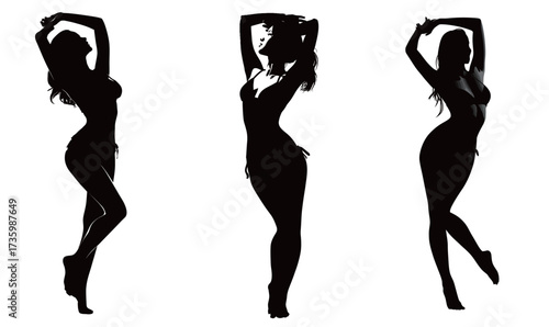 Three silhouettes of women are striking poses while wearing swimwear on a plain white background, showcasing movement and form.