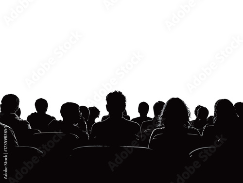 A group of silhouettes fills the theater seats, waiting in anticipation for a live performance under soft lighting. The atmosphere is charged with excitement.