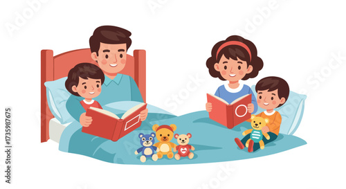 Family enjoying bedtime stories together in a cozy bed with stuffed animals.