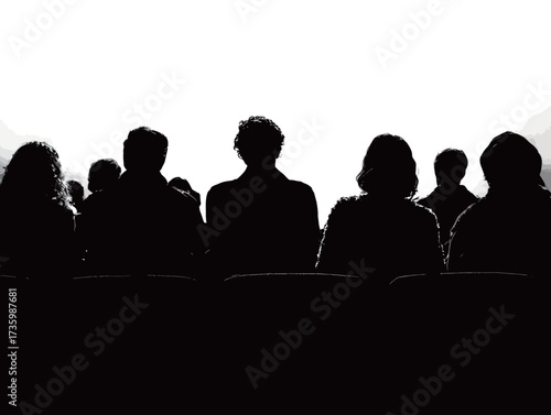 Group of individuals seated in a theater, silhouetted against a bright stage backdrop. They are focused on a performance happening in the evening.