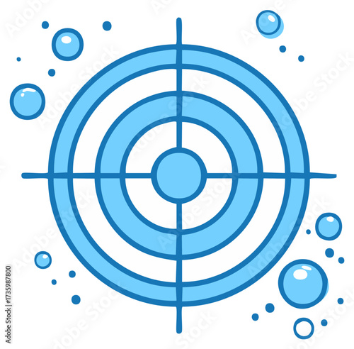 Light Blue Round Target Surrounded by Various Sized Bubbles Precision Aiming Concept Design