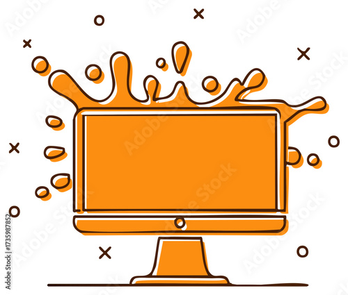 Orange computer monitor with a liquid splash explosion and droplets around