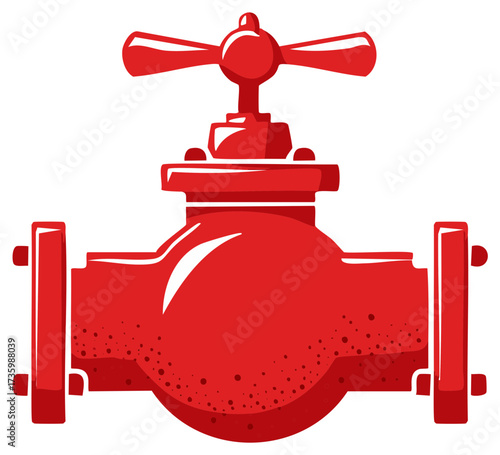 Red industrial pipe valve with handwheel control vector illustration