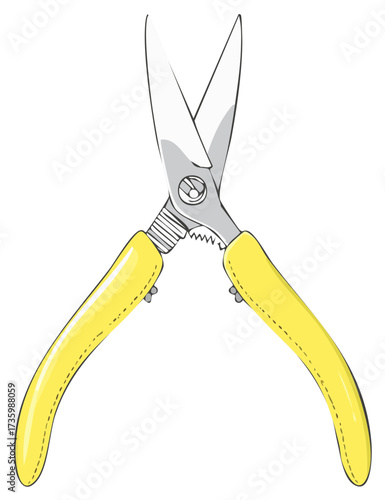 Illustration of Garden Shears: Yellow Handled Clippers with Open Blades for Pruning and Trimming