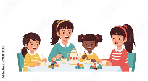 Diverse Group of Happy Young Girls Playing Tea Party with Toys.