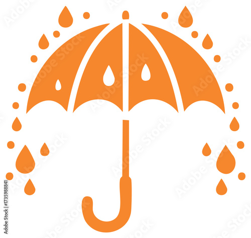 Stylized Orange Umbrella Surrounded by Rain Drops Protects from Weather Elements