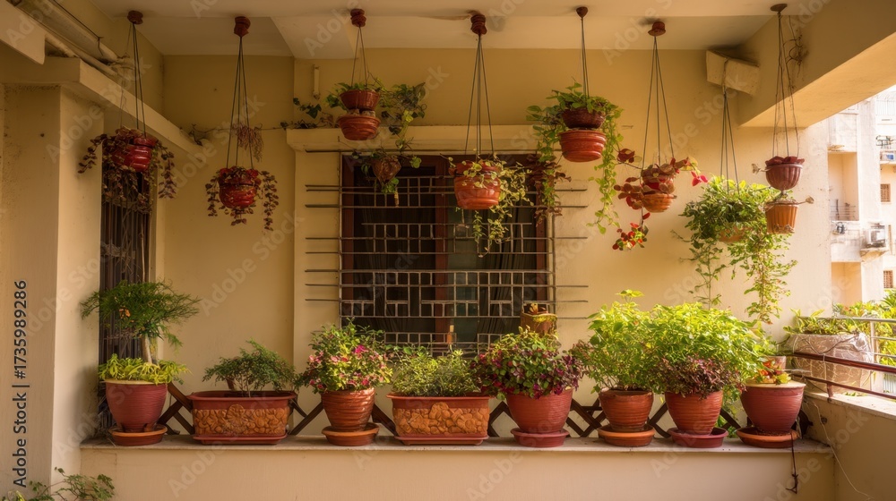 Fototapeta premium Lush Greenery on Urban Balcony with Hanging Plants and Flower Pots, Creating a Serene Oasis in a Modern City Setting