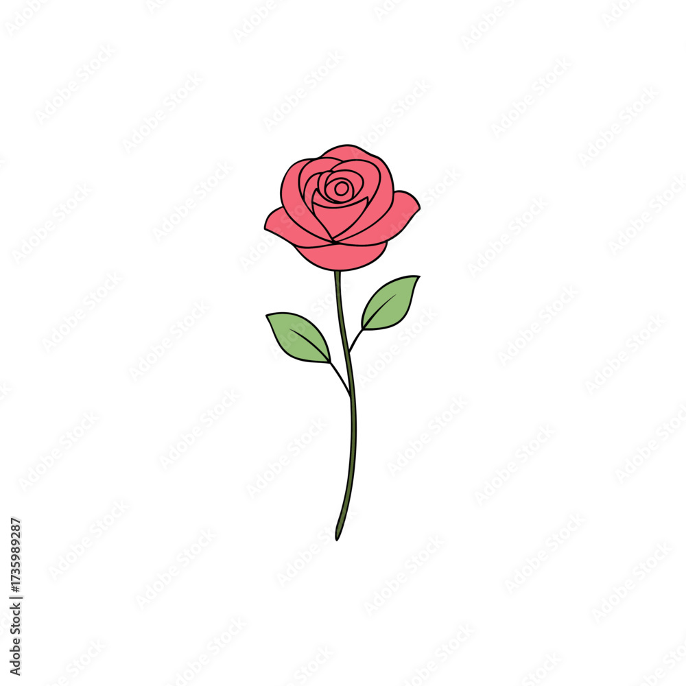 Fototapeta premium Scalable vector illustration of a beautiful pink rose flower with green leaves and stem