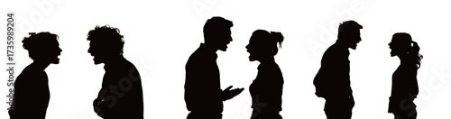 Two pairs of silhouettes are seen in an animated discussion against a bright background. Tension is evident as they express emotions through body language.