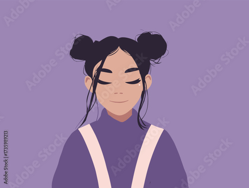 A girl with black hair styled in two buns smiles softly against a purple background. She wears a cozy sweater, radiating a peaceful and relaxed vibe.