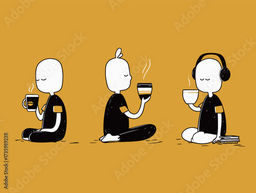 Three simple cartoon characters enjoy various activities. One sits with a cup of coffee, another sips slowly, and the last listens to music while reading.