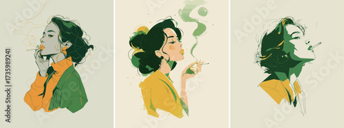 Three artistic renderings of a woman smoking, surrounded by shades of green and yellow. Each image captures a different expression of contemplation and elegance.