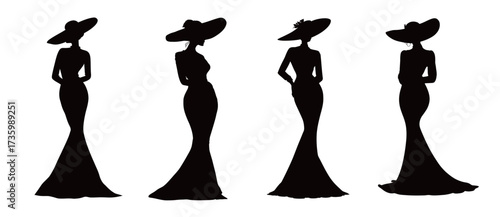 Four graceful silhouettes of women showcase their elegant gowns and wide-brimmed hats at a chic outdoor gathering during a sunny day.
