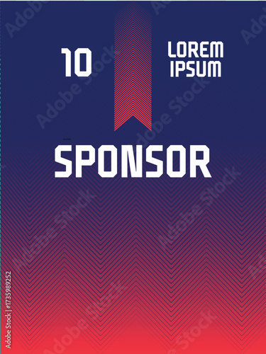 Modern sports jersey template with a dark blue to red gradient bold white sponsor text and a central ribbon graphic.