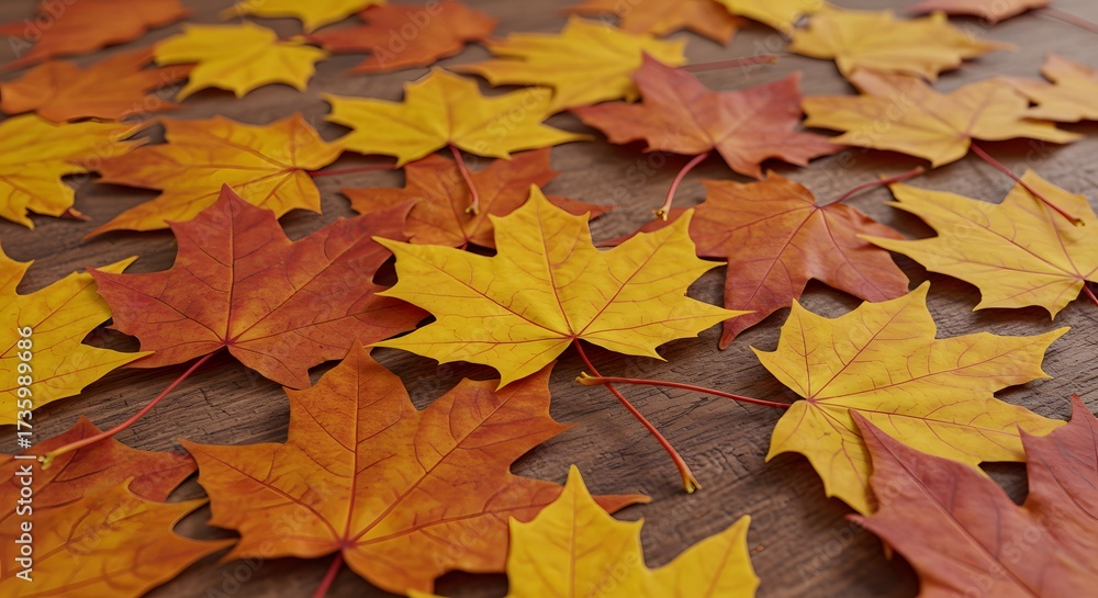 Fototapeta premium Autumnal Maple Leaf Mosaic: Vibrant Yellows and Oranges on Wood Grain