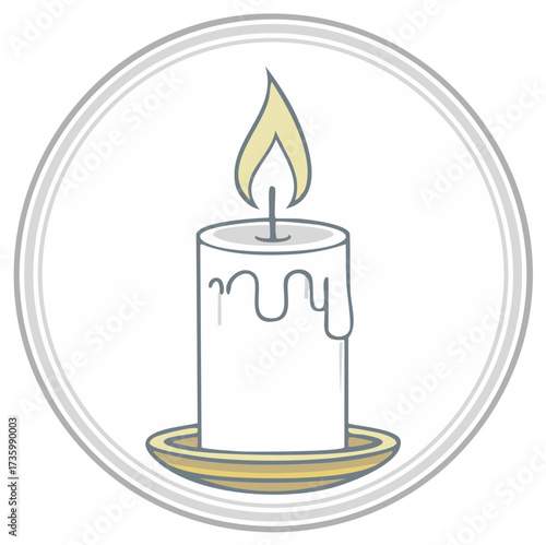 Cartoon candle with flame in ornate circle representing light, hope, memory or celebration, surrounded with melting wax