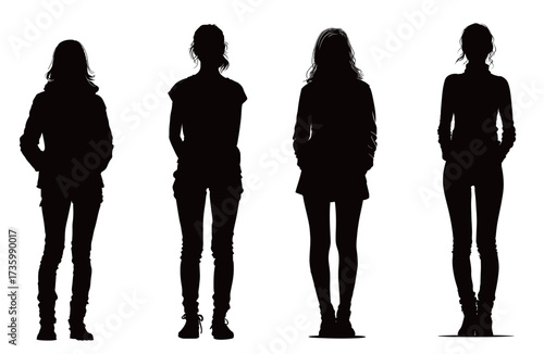 Four women are silhouetted against a white background, each standing in a relaxed pose with their hands in pockets. Their unique hairstyles create distinct shapes.